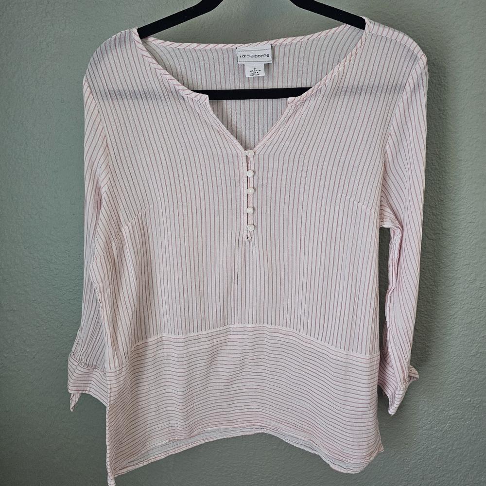 Liz Claiborne Red Striped Sheer 100% Cotton Blouse ¾ Sleeve Size M